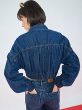 Navy Blue Denim Ruched Oversized Zipper Crop Jacket -SASSAFRAS
