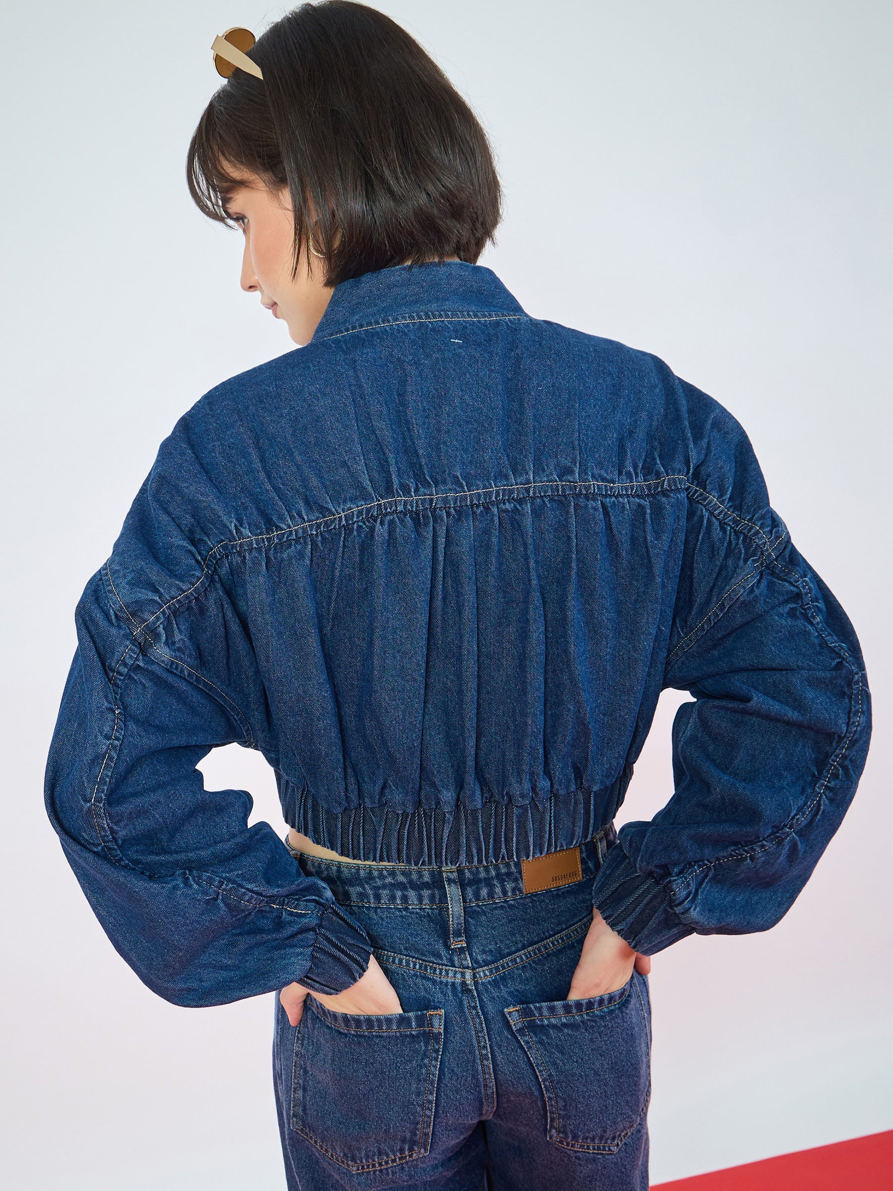 Navy Blue Denim Ruched Oversized Zipper Crop Jacket -SASSAFRAS