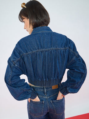 Navy Blue Denim Ruched Oversized Zipper Crop Jacket -SASSAFRAS