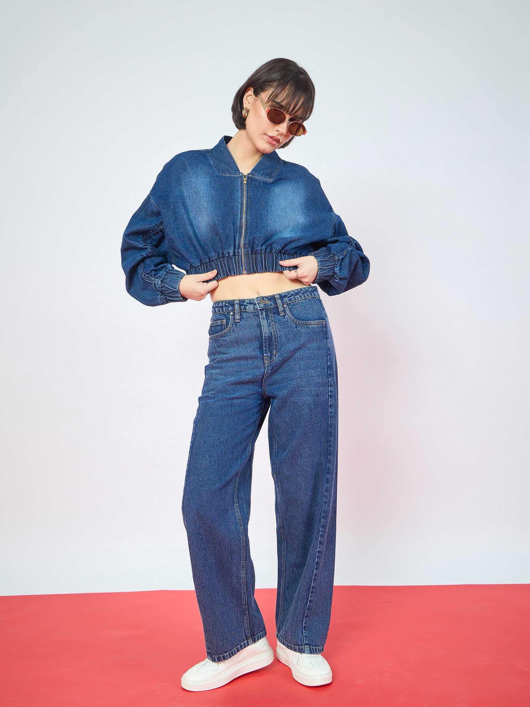 Navy Blue Denim Ruched Oversized Zipper Crop Jacket -SASSAFRAS