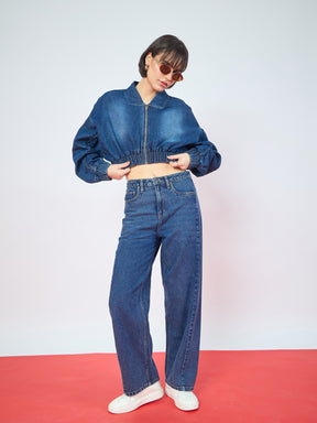 Navy Blue Denim Ruched Oversized Zipper Crop Jacket -SASSAFRAS