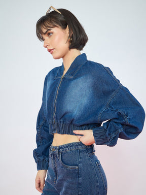 Navy Blue Denim Ruched Oversized Zipper Crop Jacket -SASSAFRAS