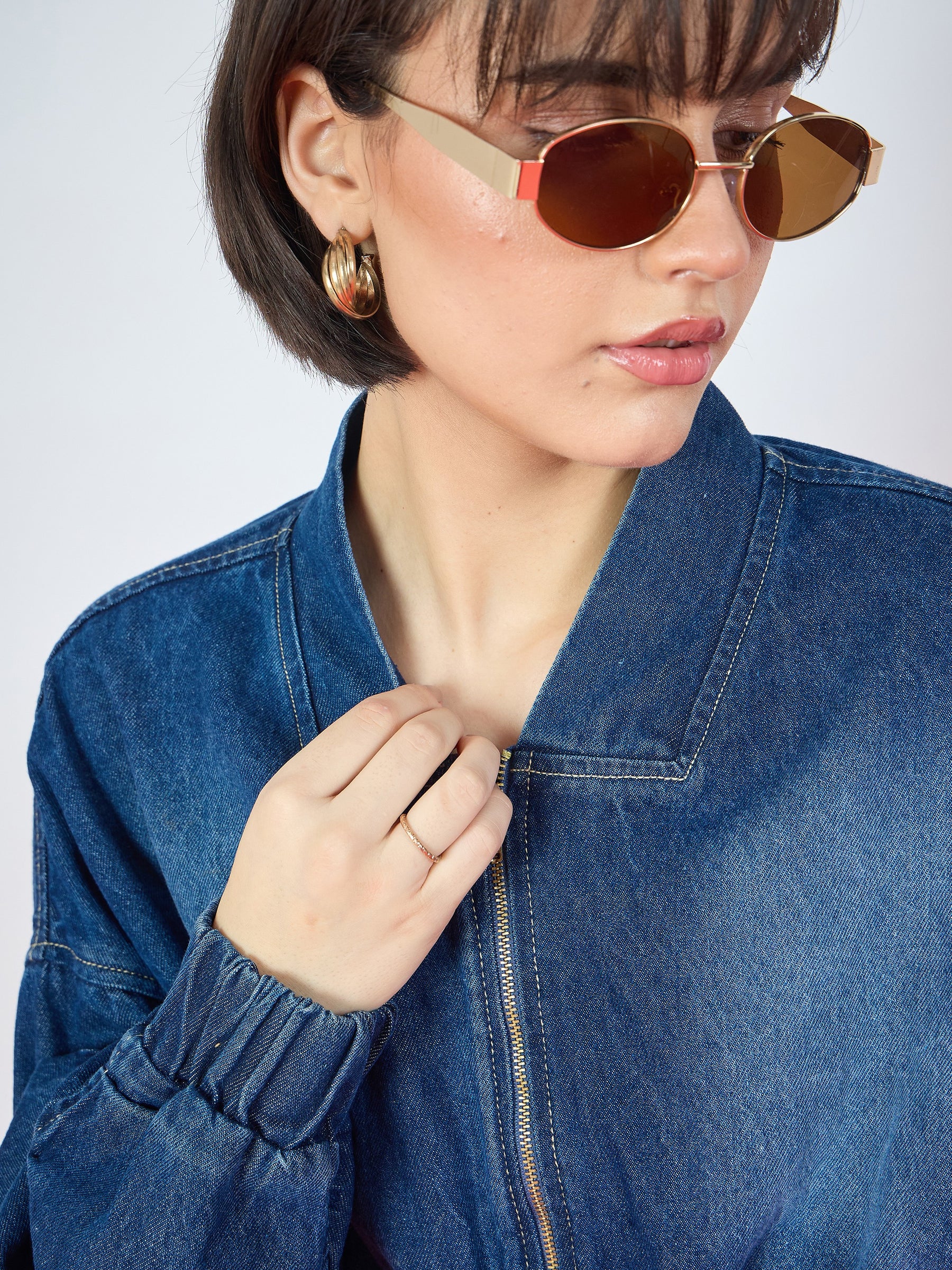Navy Blue Denim Ruched Oversized Zipper Crop Jacket -SASSAFRAS