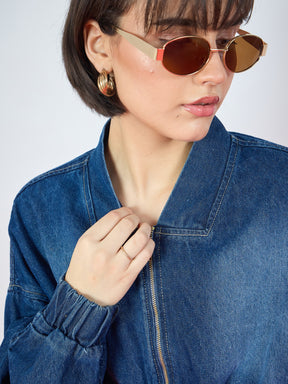 Navy Blue Denim Ruched Oversized Zipper Crop Jacket -SASSAFRAS
