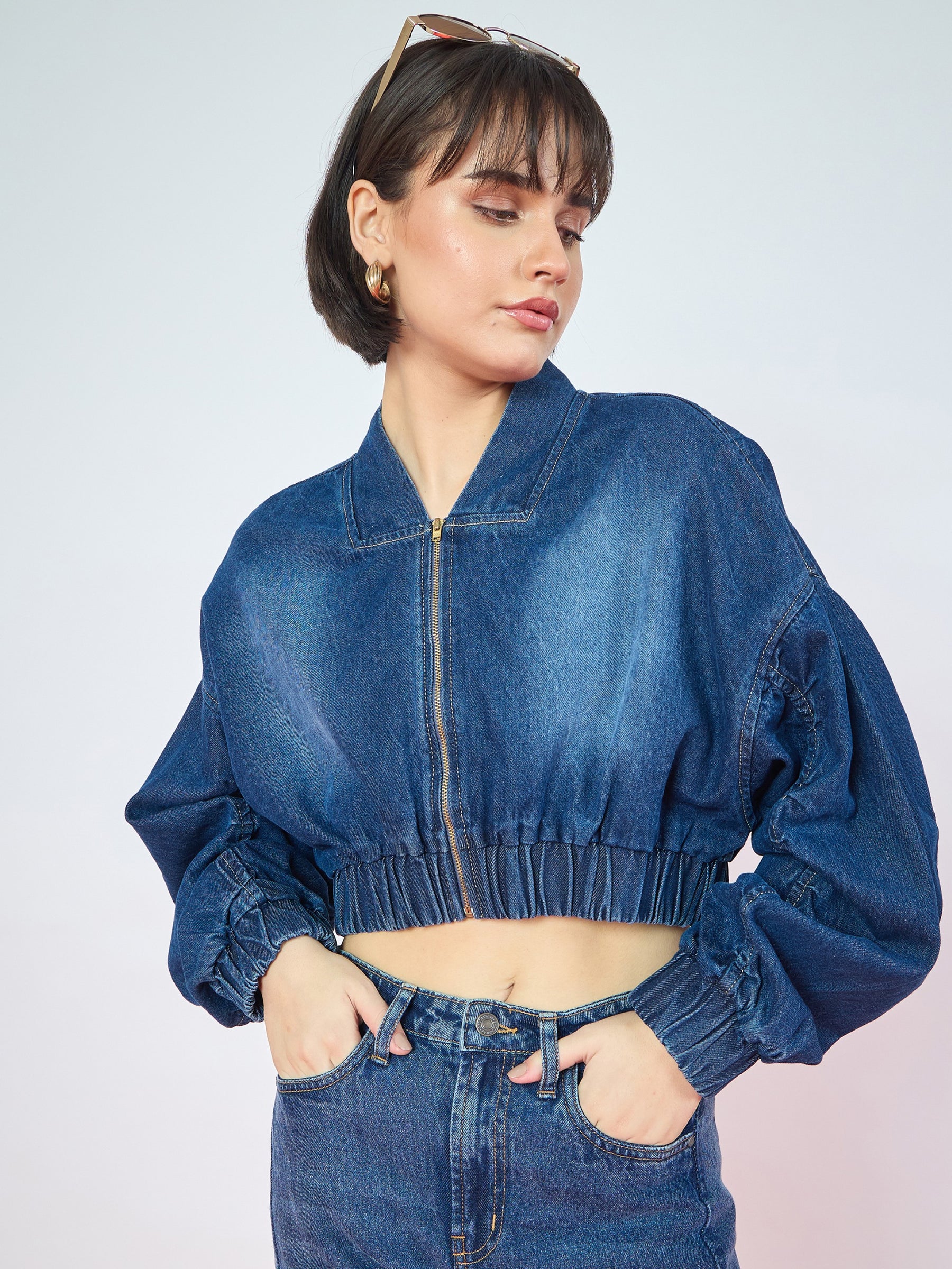 Navy Blue Denim Ruched Oversized Zipper Crop Jacket -SASSAFRAS