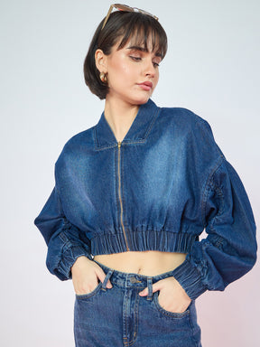 Navy Blue Denim Ruched Oversized Zipper Crop Jacket -SASSAFRAS