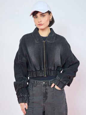 Black Wash Denim Ruched Oversized Zipper Crop Jacket -SASSAFRAS