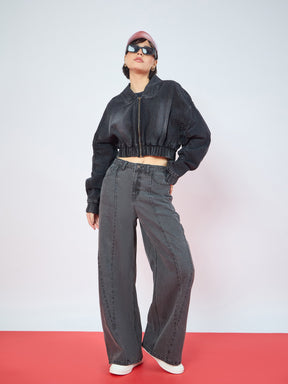Black Wash Denim Ruched Oversized Zipper Crop Jacket -SASSAFRAS