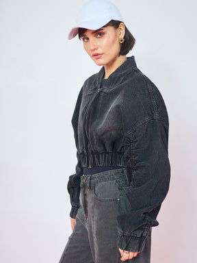 Black Wash Denim Ruched Oversized Zipper Crop Jacket -SASSAFRAS