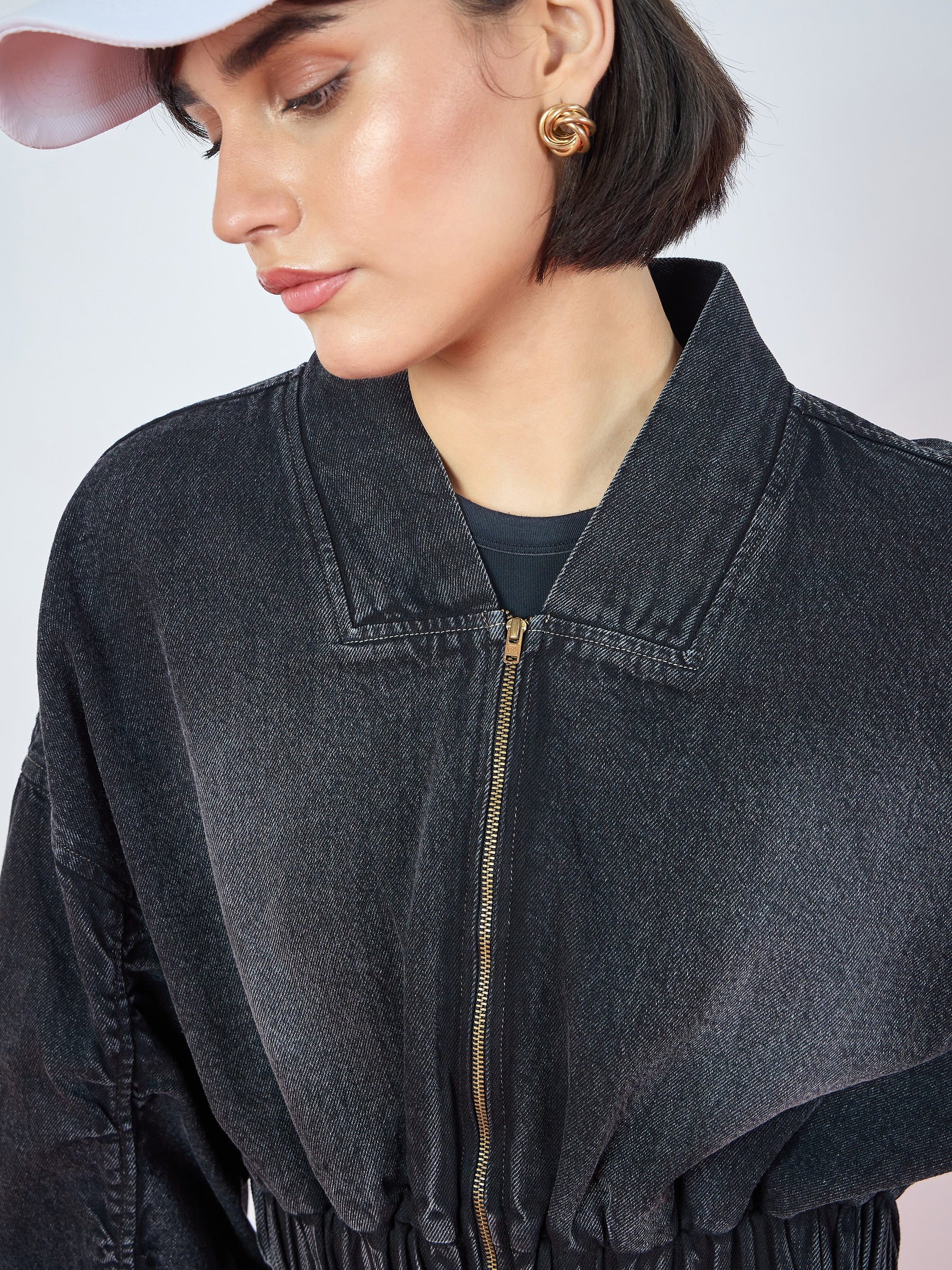 Black Wash Denim Ruched Oversized Zipper Crop Jacket -SASSAFRAS