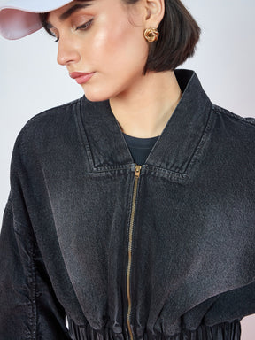 Black Wash Denim Ruched Oversized Zipper Crop Jacket -SASSAFRAS