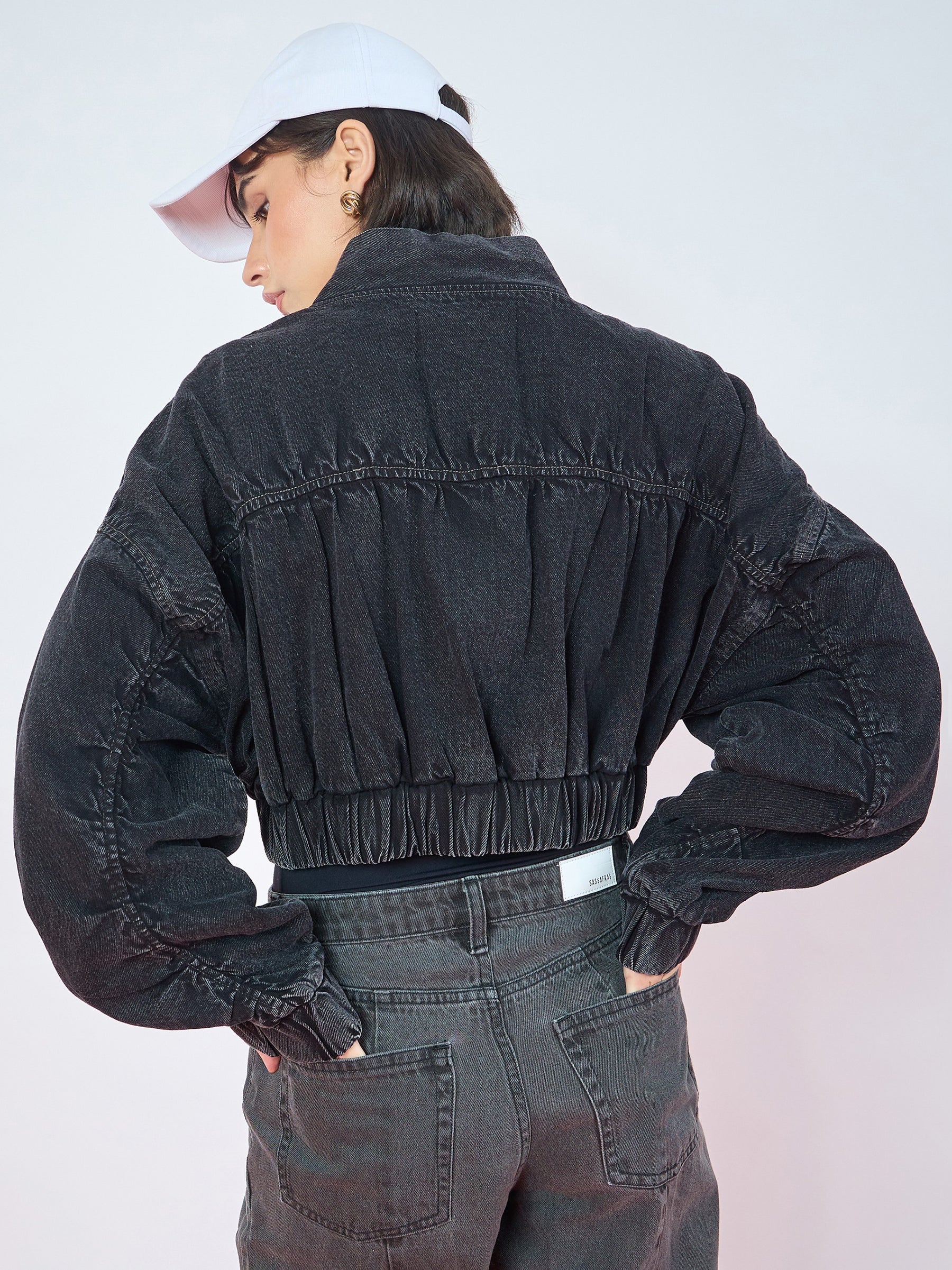 Black Wash Denim Ruched Oversized Zipper Crop Jacket -SASSAFRAS