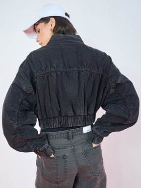 Black Wash Denim Ruched Oversized Zipper Crop Jacket -SASSAFRAS