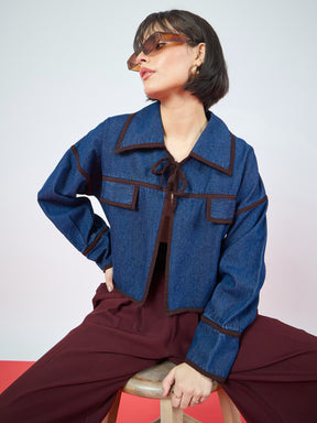 Women Blue Denim Front Tie Contrast Detail Jacket