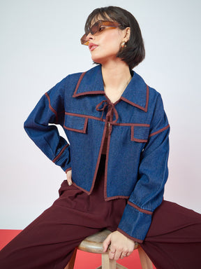 Blue Denim Front Tie Contrast Detail Jacket-SASSAFRAS