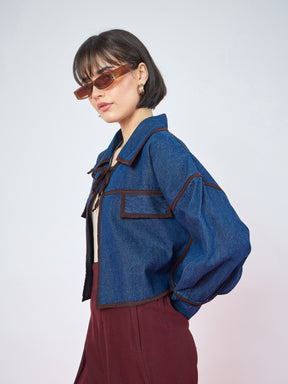 Women Blue Denim Front Tie Contrast Detail Jacket