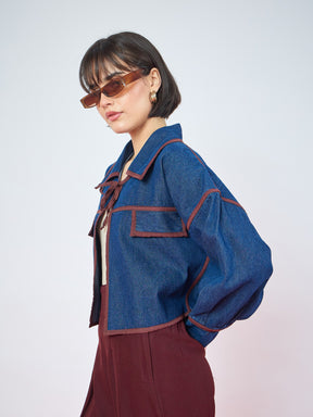 Blue Denim Front Tie Contrast Detail Jacket-SASSAFRAS