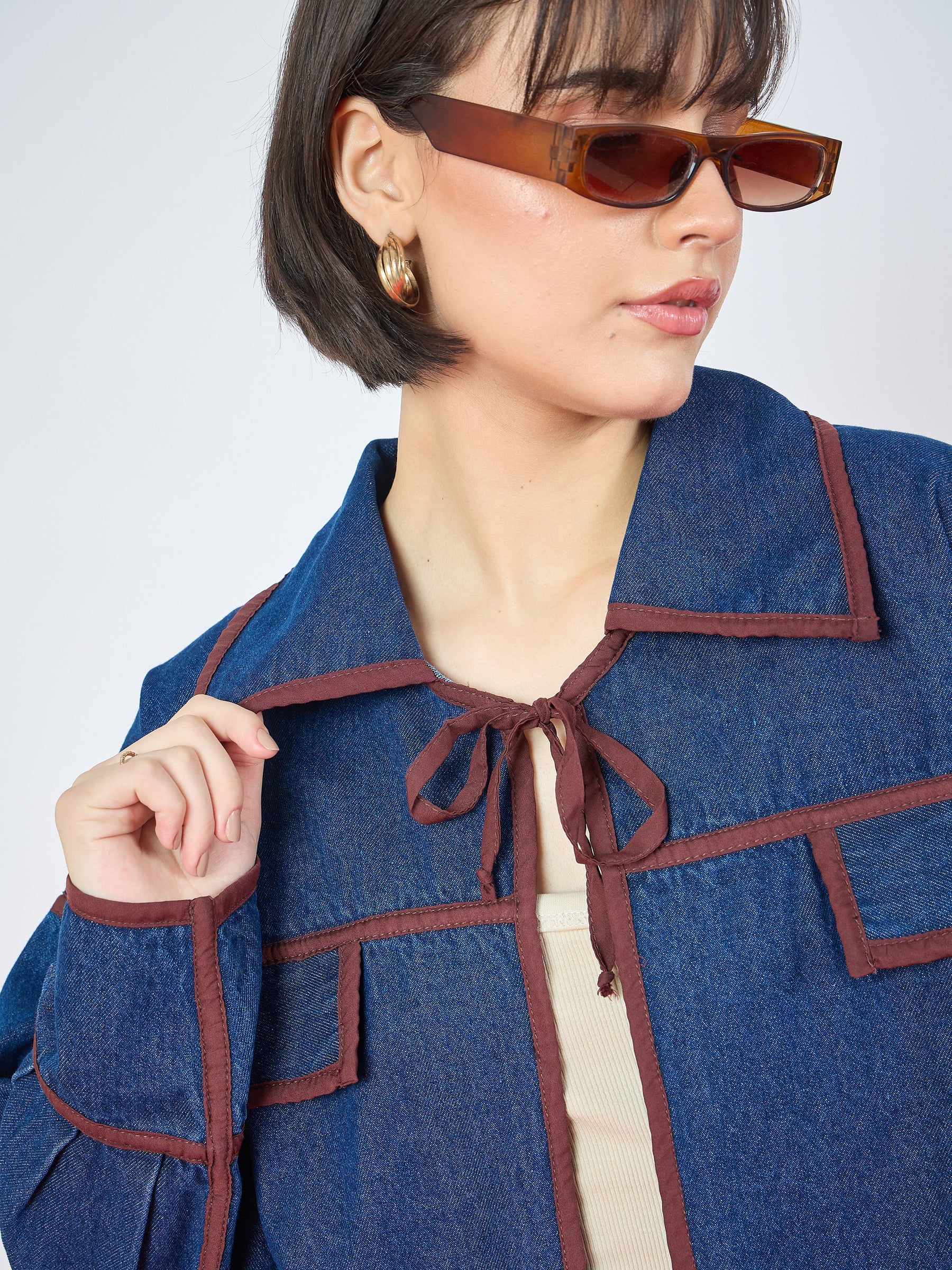 Blue Denim Front Tie Contrast Detail Jacket-SASSAFRAS