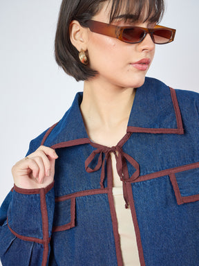 Blue Denim Front Tie Contrast Detail Jacket-SASSAFRAS