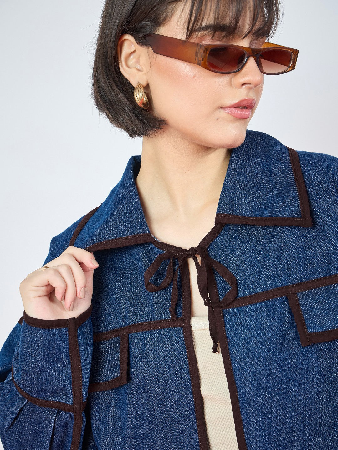Women Blue Denim Front Tie Contrast Detail Jacket