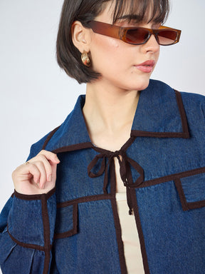Women Blue Denim Front Tie Contrast Detail Jacket