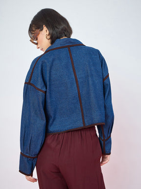 Women Blue Denim Front Tie Contrast Detail Jacket