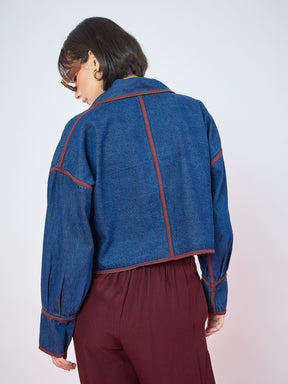 Blue Denim Front Tie Contrast Detail Jacket-SASSAFRAS