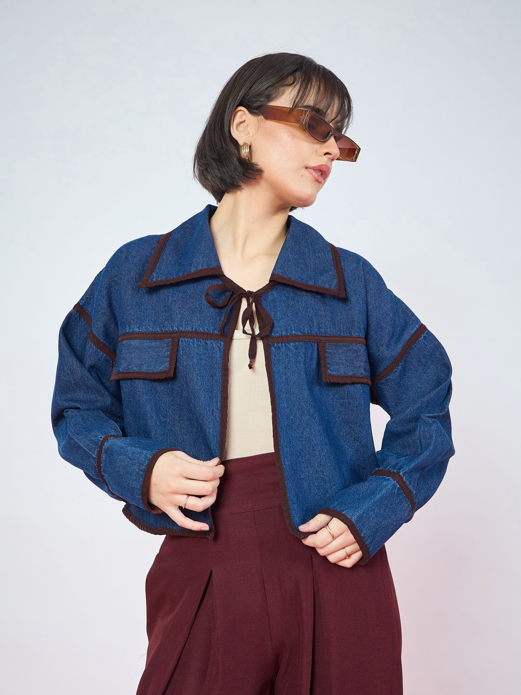 Women Blue Denim Front Tie Contrast Detail Jacket