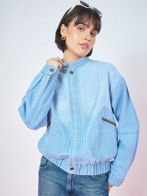 Ice Blue Denim High Collar Zipper Jacket-SASSAFRAS