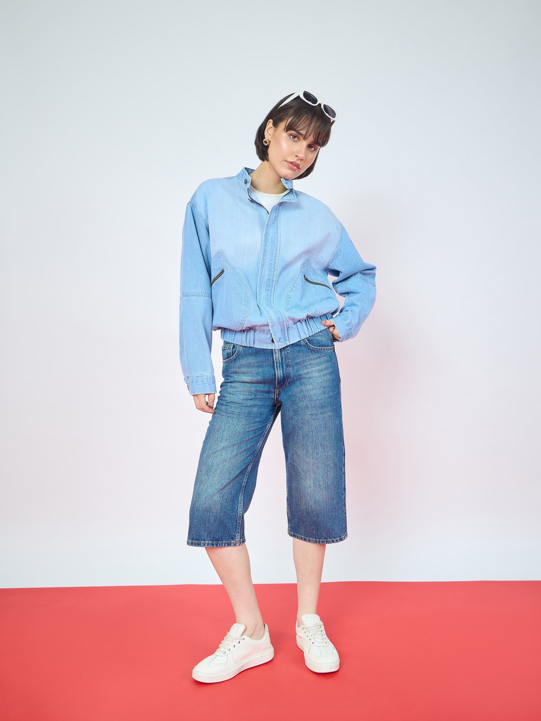 Ice Blue Denim High Collar Zipper Jacket-SASSAFRAS