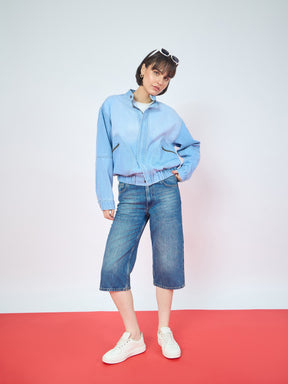 Ice Blue Denim High Collar Zipper Jacket-SASSAFRAS