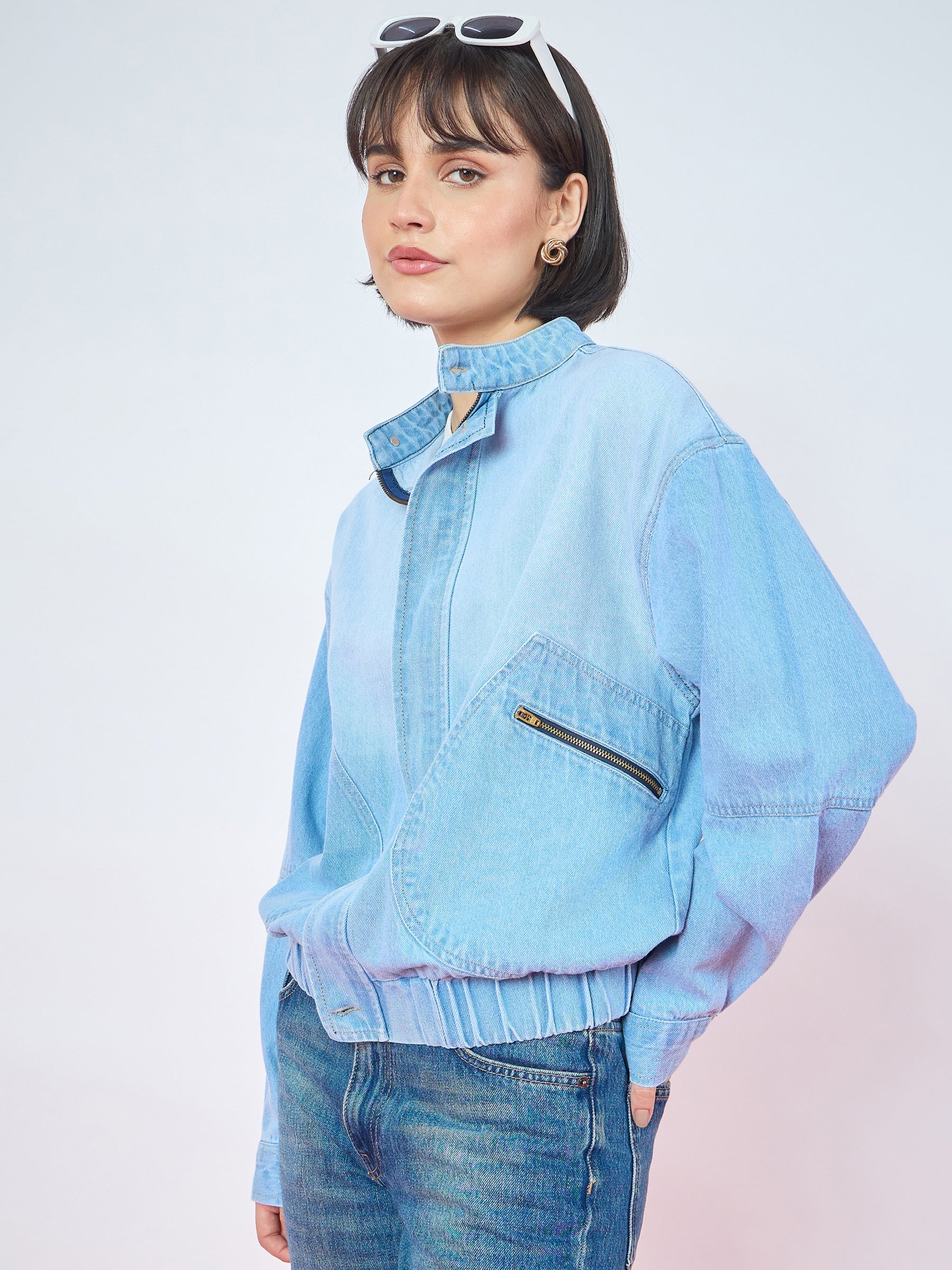 Ice Blue Denim High Collar Zipper Jacket-SASSAFRAS