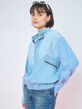 Ice Blue Denim High Collar Zipper Jacket-SASSAFRAS