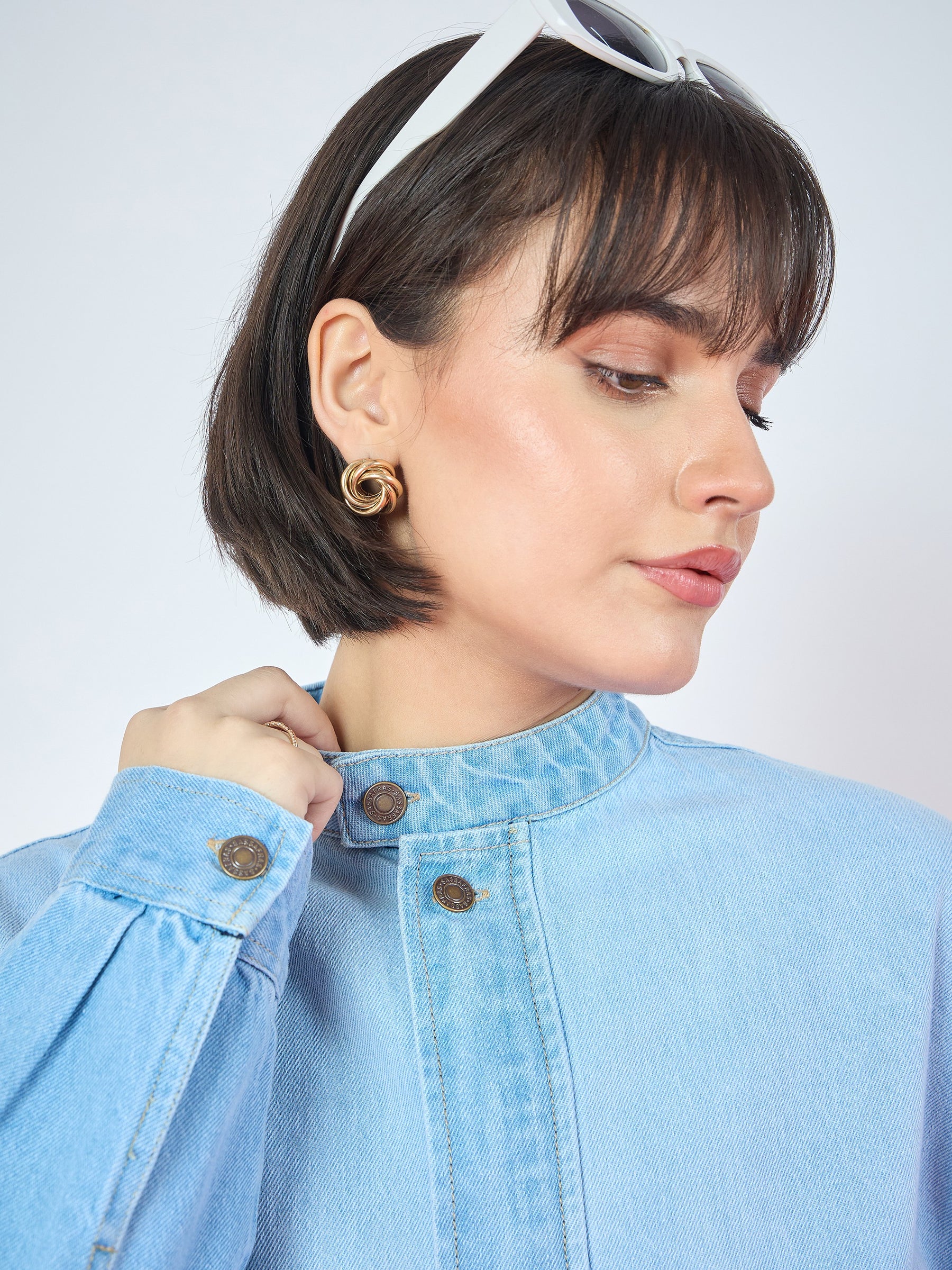 Ice Blue Denim High Collar Zipper Jacket-SASSAFRAS