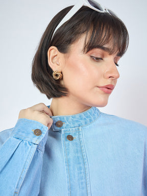 Ice Blue Denim High Collar Zipper Jacket-SASSAFRAS