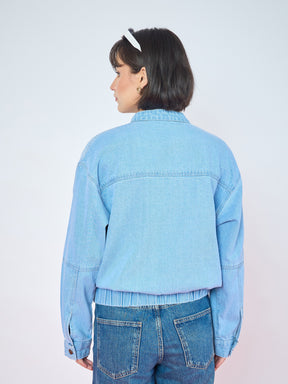 Ice Blue Denim High Collar Zipper Jacket-SASSAFRAS