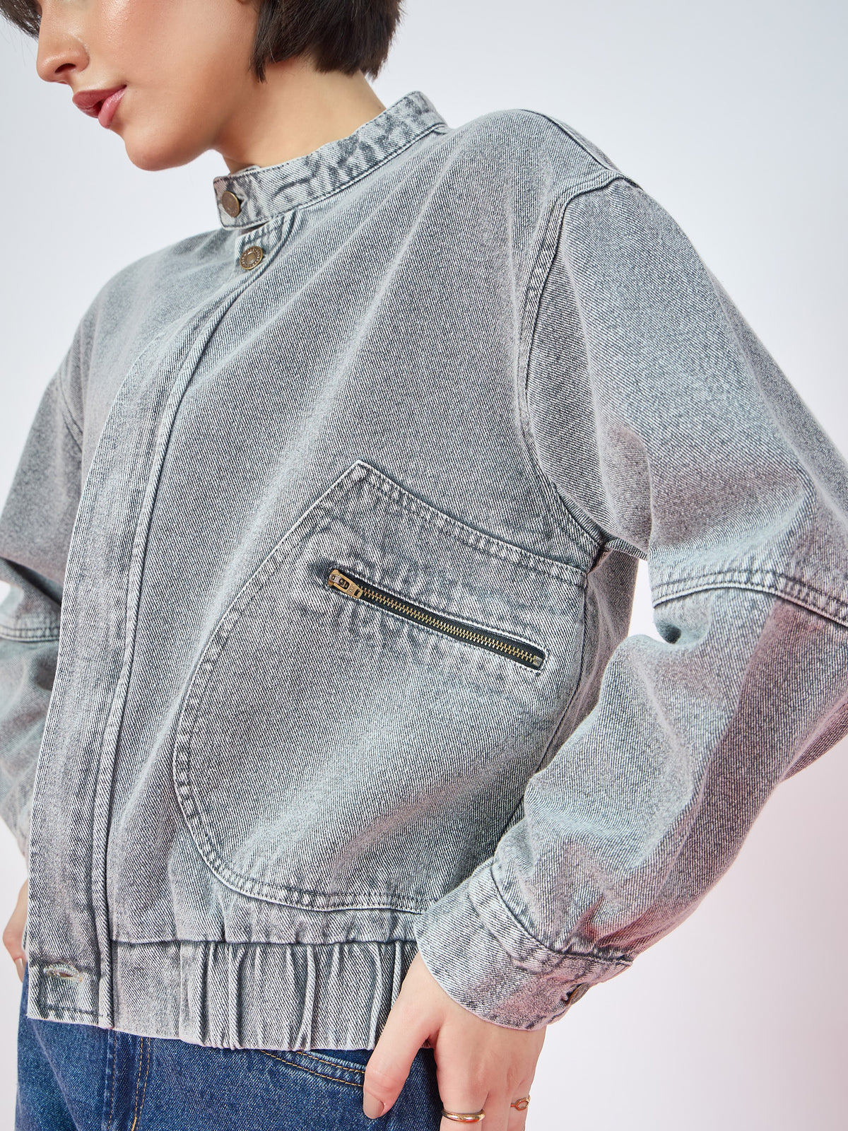 Vintage Grey Denim High Collar Zipper Jacket-SASSAFRAS