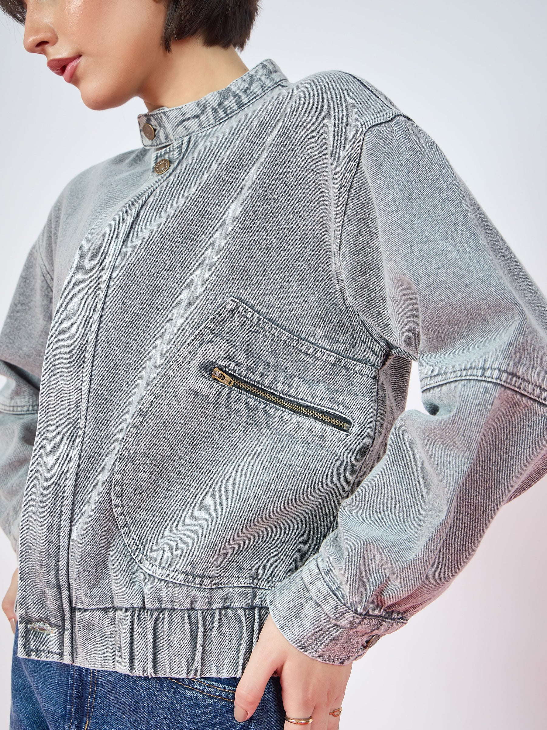 Vintage Grey Denim High Collar Zipper Jacket-SASSAFRAS