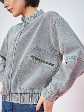 Vintage Grey Denim High Collar Zipper Jacket-SASSAFRAS