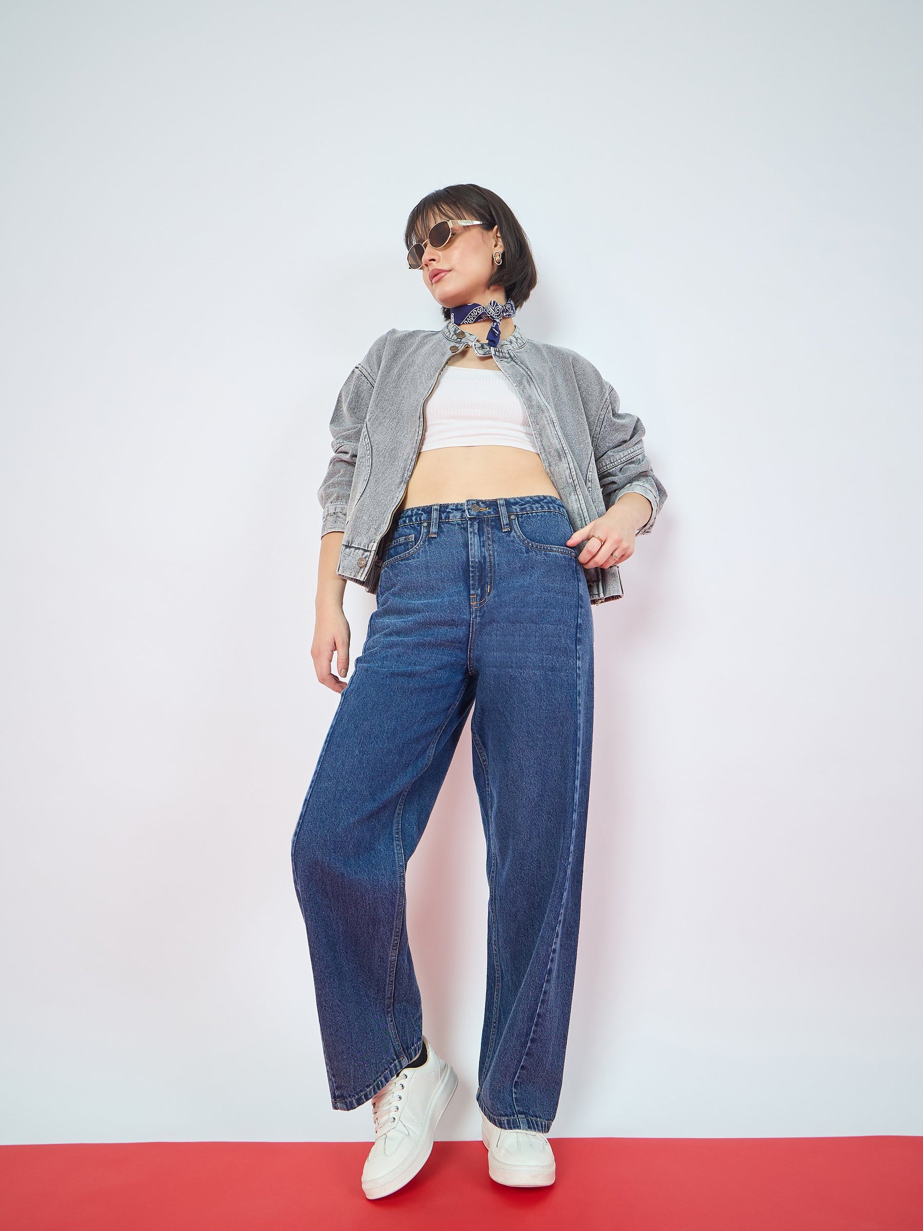 Vintage Grey Denim High Collar Zipper Jacket-SASSAFRAS