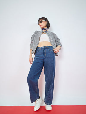 Vintage Grey Denim High Collar Zipper Jacket-SASSAFRAS