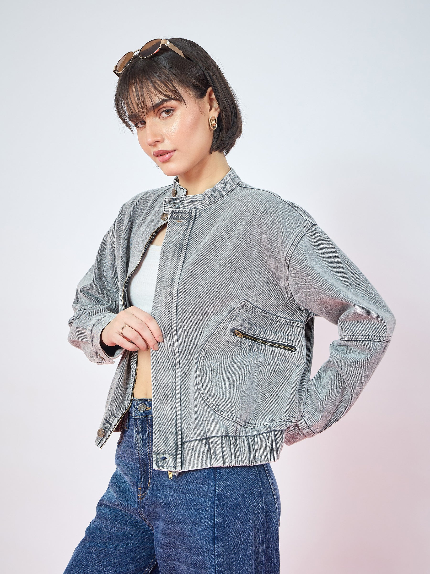 Vintage Grey Denim High Collar Zipper Jacket-SASSAFRAS