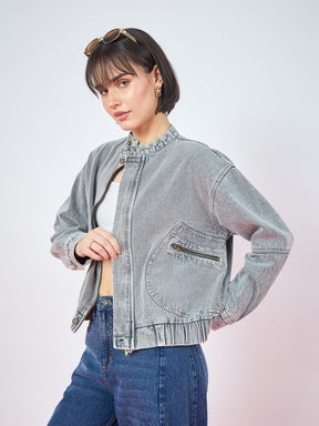 Vintage Grey Denim High Collar Zipper Jacket-SASSAFRAS