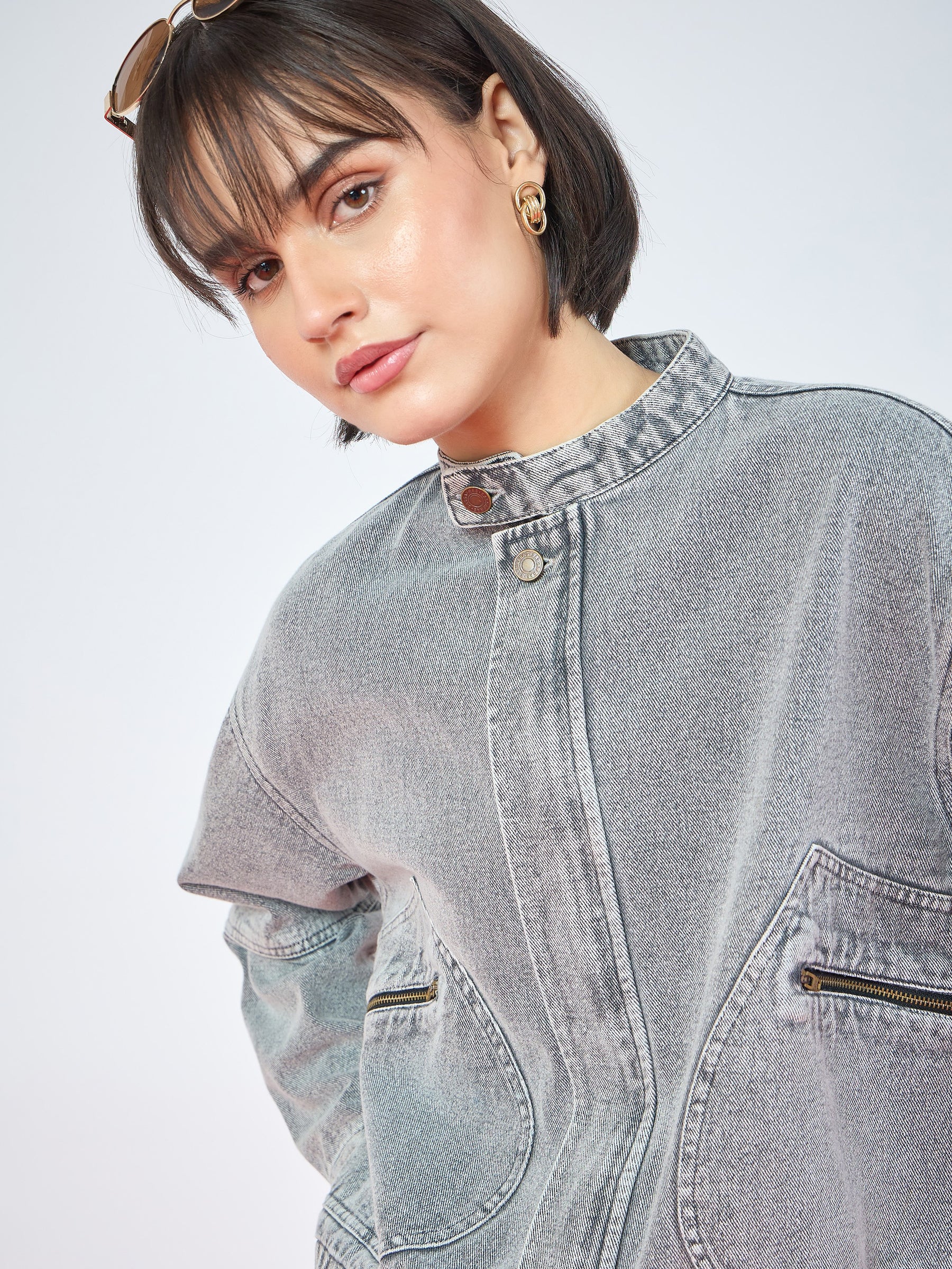 Vintage Grey Denim High Collar Zipper Jacket-SASSAFRAS