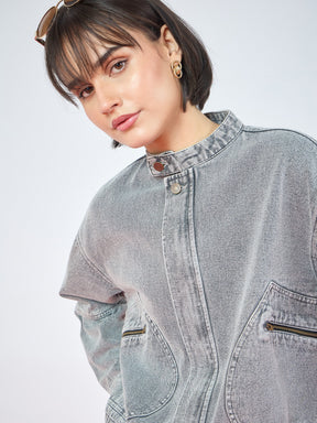 Vintage Grey Denim High Collar Zipper Jacket-SASSAFRAS