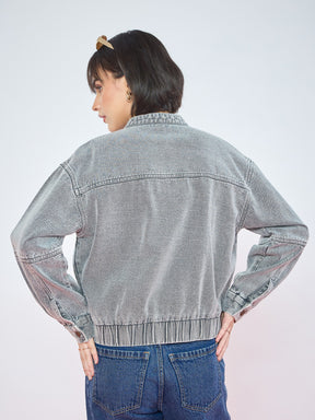 Vintage Grey Denim High Collar Zipper Jacket-SASSAFRAS