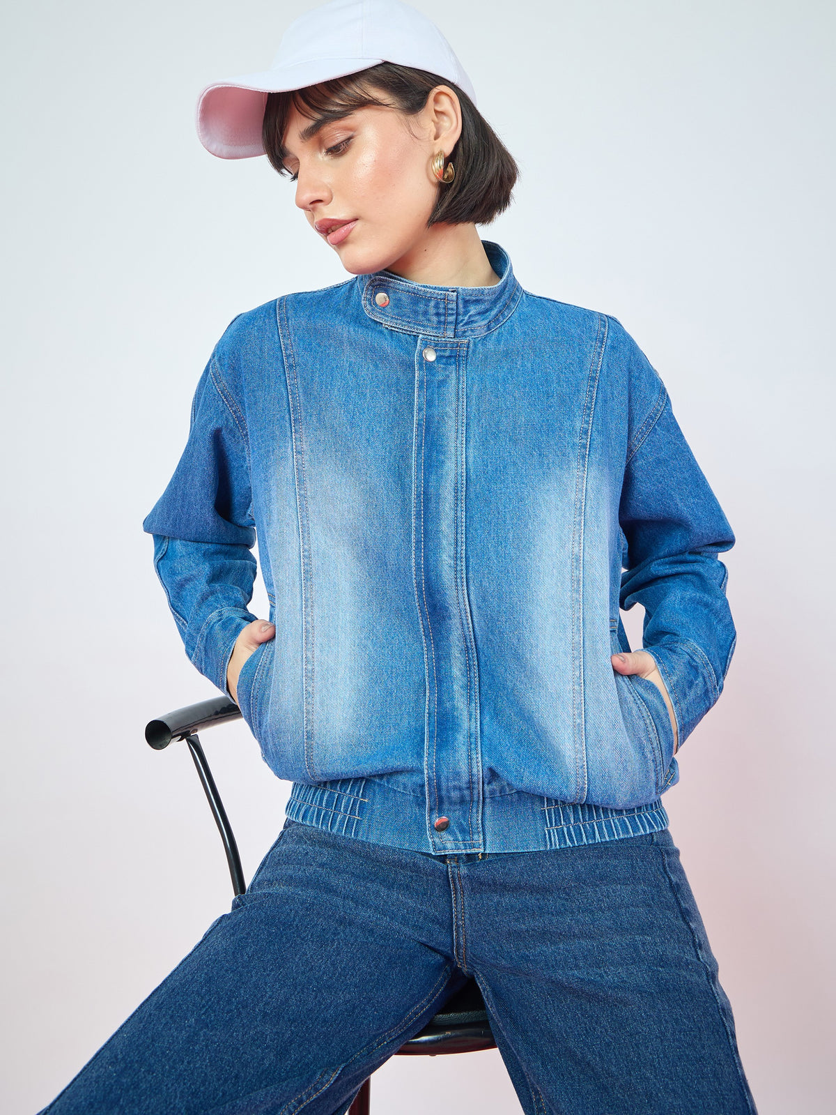 Blue Denim High Collar Zipper Jacket-SASSAFRAS