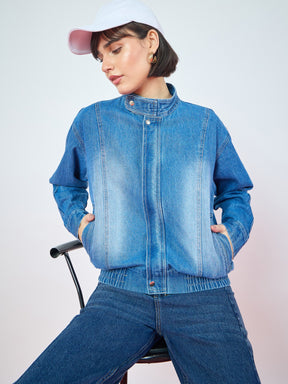 Blue Denim High Collar Zipper Jacket-SASSAFRAS