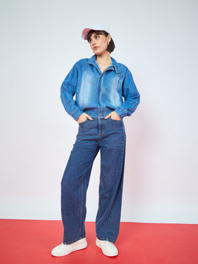 Blue Denim High Collar Zipper Jacket-SASSAFRAS