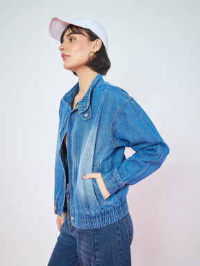 Blue Denim High Collar Zipper Jacket-SASSAFRAS